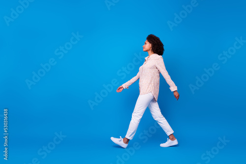 Full size profile photo of nice young woman curly hair walk shopping poster dressed trendy print clothes isolated on blue color background © deagreez