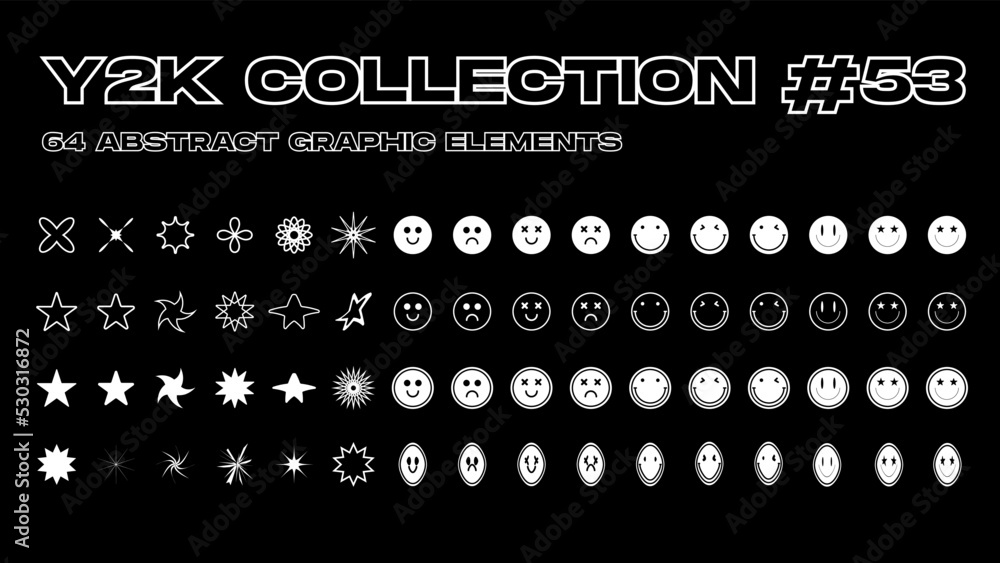 Super trendy geometric Y2K brutalism styled linear shapes. Set including stars, deformation, bubbles, arrows and other trendy shapes. Vector illustration