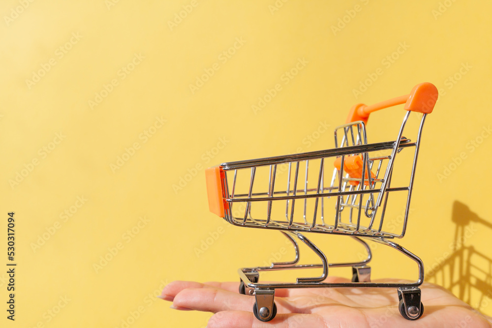 Small supermarket grocery push cart for shopping. Shopaholic. Buyer. Shopping concept. Close-up. Isolated shopping trolley on a yellow background. Copy space. Small supermarket grocery push cart for shopping. Shopaholic. Buyer. Shopping concept. Close-up. Isolated shopping trolley on a yellow background. Copy space.