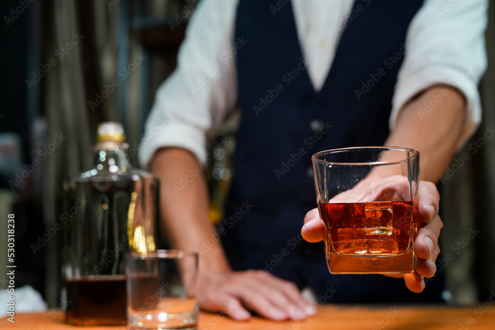 Bartender Serve Whiskey, on wood bar, Bartender Serve Whiskey, on wood bar,