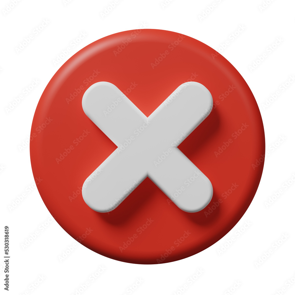 Red cancelled X cross mark sign delete or remove button icon in a circle isolated on white background. Wrong error, ban, failed, false verification, incorrect, negative symbol concept. 3d rendering - obrazy, fototapety, plakaty 