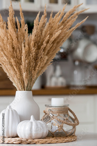 Still-life. Dried pampas grass in a vase, white ceramic pumpkins and a candlestick with a candle on a white table in the interior of a Scandinavian-style home kitchen. Cozy, autumn concept. photo