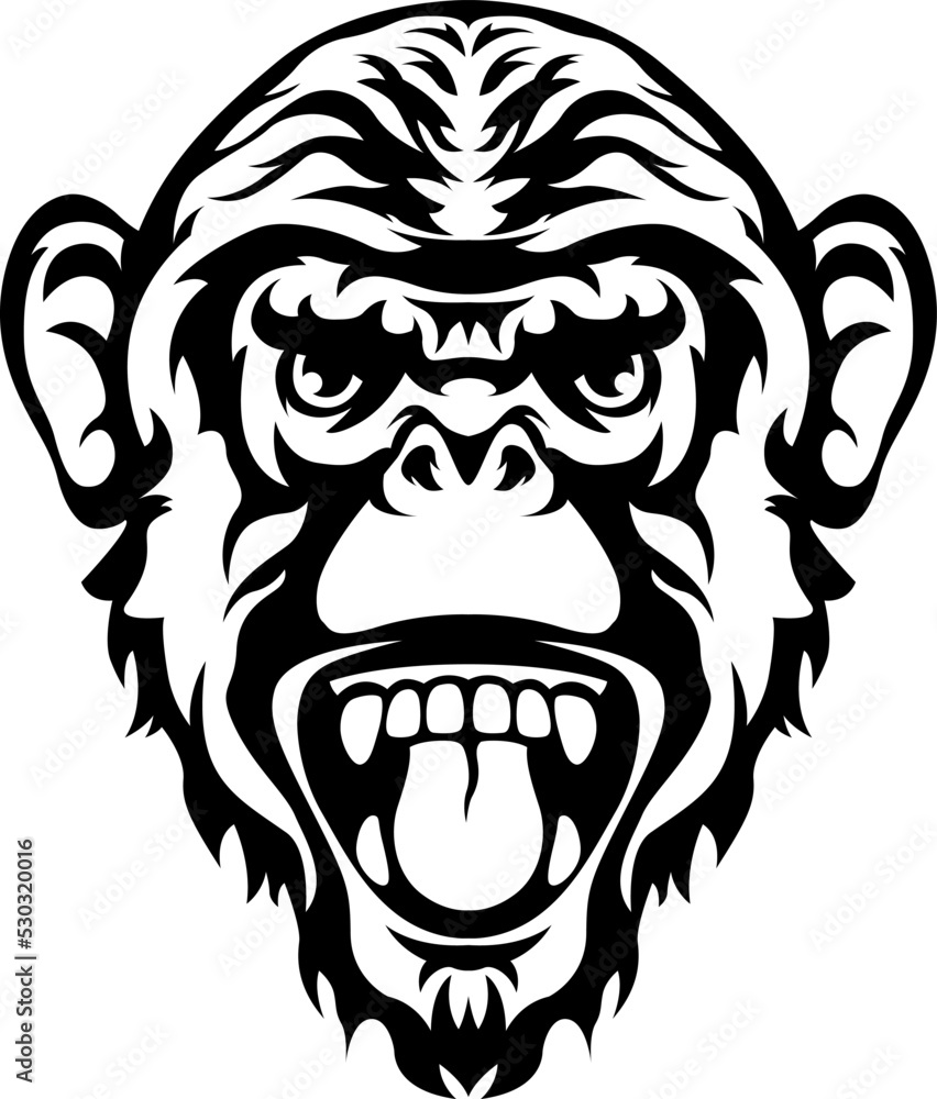 Black and white hand drawn face of angry monkey. Vector illustration mascot art