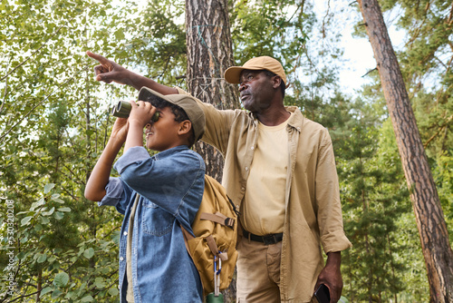 Aged African American man in casualwear pointing forwards while standing behind his grandson with binoculars during hike trip photo