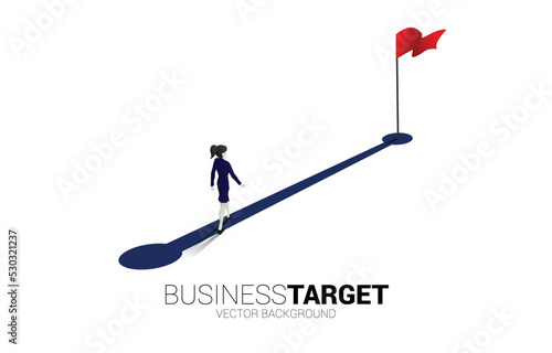 Silhouette of businesswoman walking on route path to red flag at goal. Concept of people ready to start career and business to success.