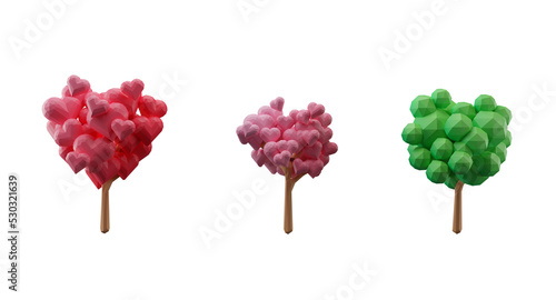 3d render. Set of Polygon heart sherp tree on white background. photo