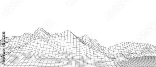 Technology perspective grid with mountain landscape background. Vector digital space wireframe landscape. Mesh on a black background