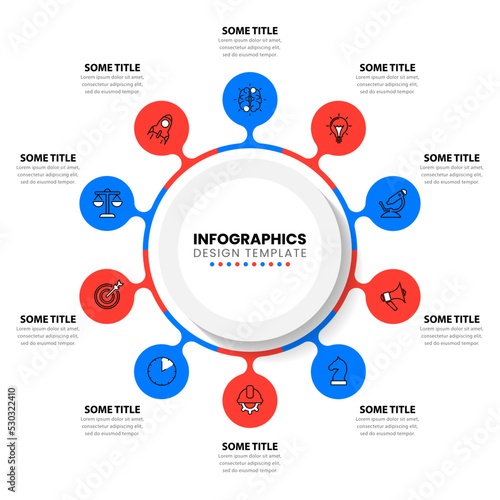 Infographic template. 10 circles with icons connected around the center