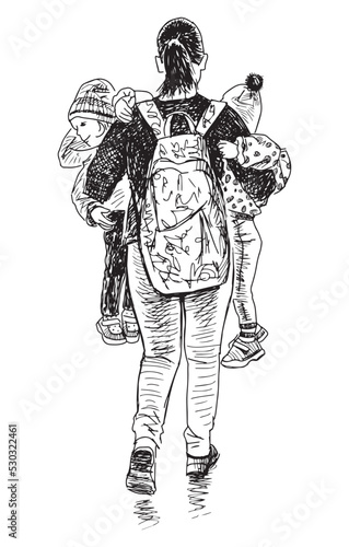 Hand drawing of mother with two little children walking outdoors