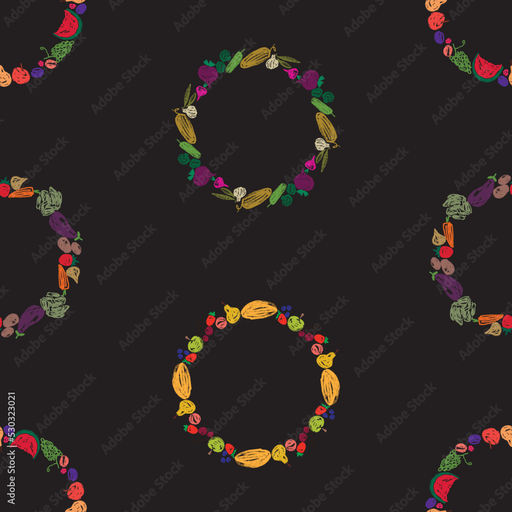 Seamless pattern of circles  from drawn fruit and vegetables