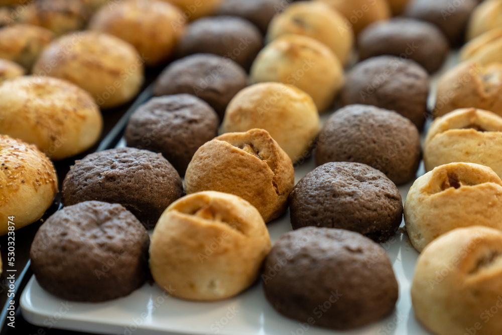 Obraz premium coffee break hotel during conference meeting, corporate revent with tea and coffee catering, decorated catering banquet table with variety of different pastry and bakery, with croissants and cookies