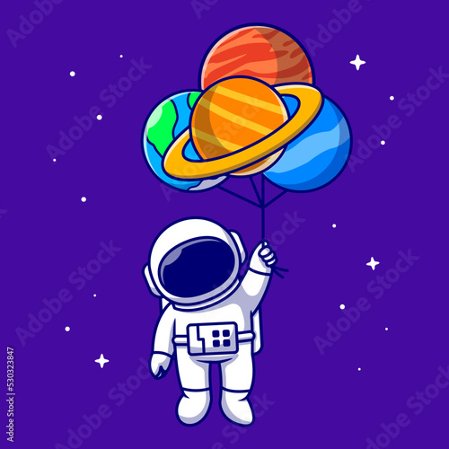 Cute Astronaut Floating With Planet balloons In Space 
Cartoon Vector Icon Illustration. Technology Science Icon 
Concept Isolated Premium Vector. Flat Cartoon Style