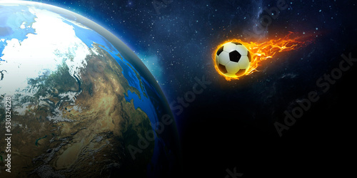 Fiery soccer ball that bursts with velocity collides with planet Earth photo