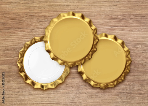 bottle cap from a beer bottle on wooden background. 3d render