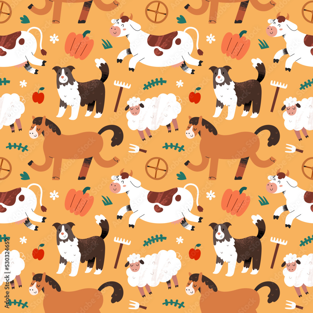 Farmhouse animals, farm characters, cute cow and sheepdog, seamless pattern, cute mammal illustrations, good for baby textile, wrapping paper print