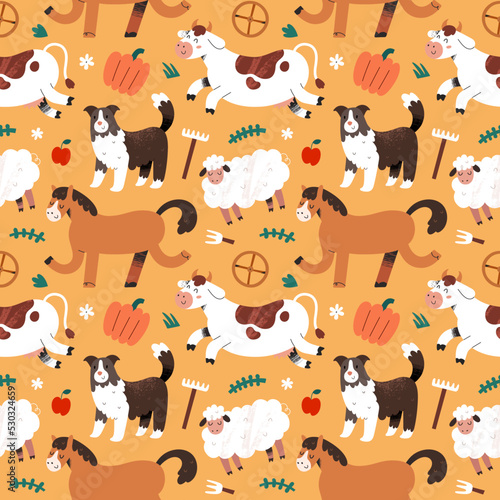Farmhouse animals, farm characters, cute cow and sheepdog, seamless pattern, cute mammal illustrations, good for baby textile, wrapping paper print