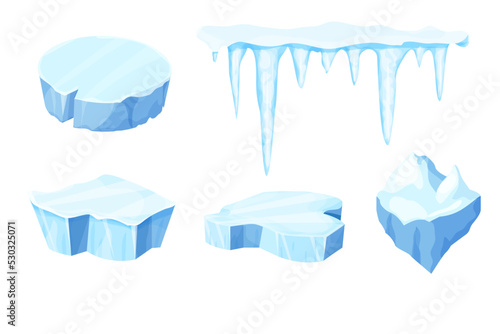 Set Ice floe, frozen water piece, iceberg in cartoon style isolated on white background. Polar landscape element, ui game asset. Winter decoration. photo