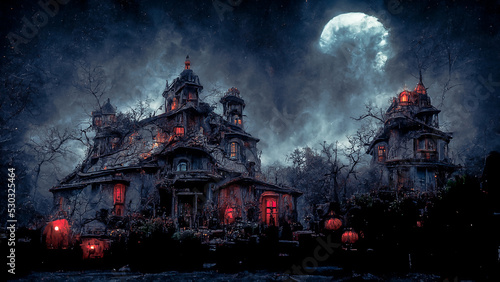 Halloween haunted house background, Digital painting technic.