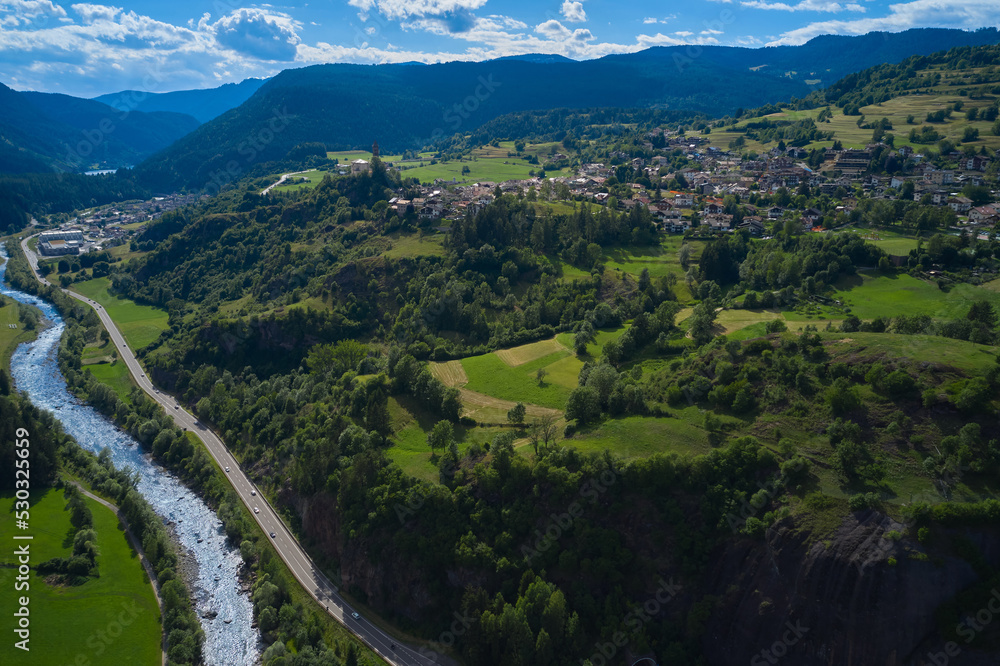 aerial view of the town of cavalese with the avisio river in trentino aerial view of the town of cavalese with the avisio river in trentino