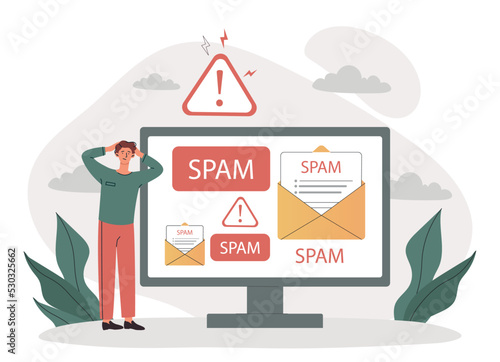 Man with spam. Hacker or online scammer sends virus emails to steal personal information. Danger on Internet. Problems with antivirus, protection and security. Cartoon flat vector illustration