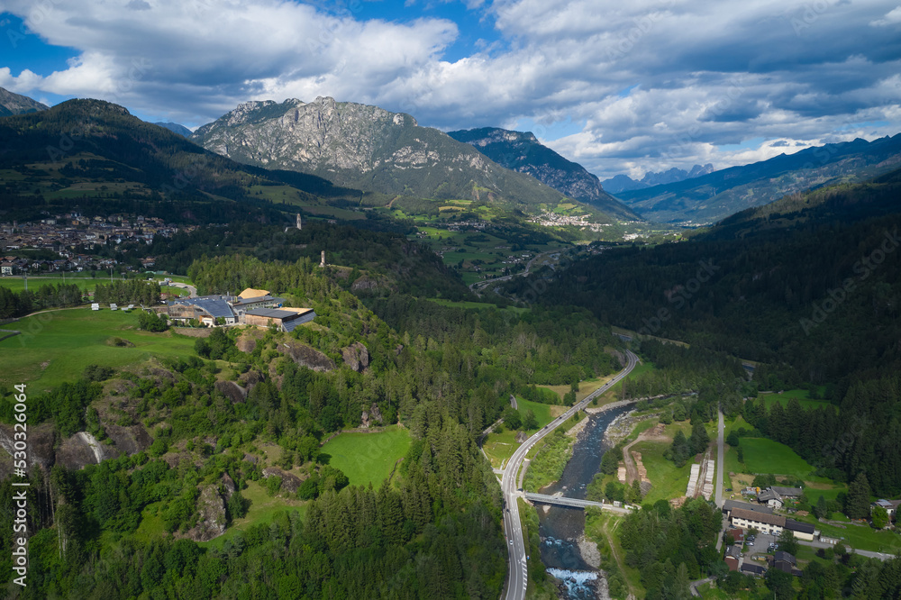 aerial view of the town of cavalese with the avisio river and pale di san martino trentino