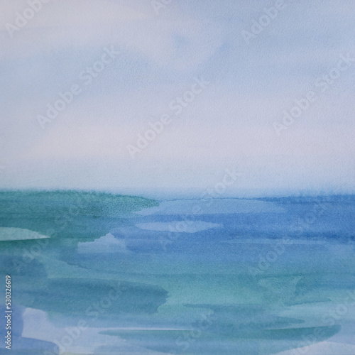 Seascape background with space for text. Skyline and sea water surface. Fluid texture beautiful liquid wet brush strokes. Beautiful relax artwork.