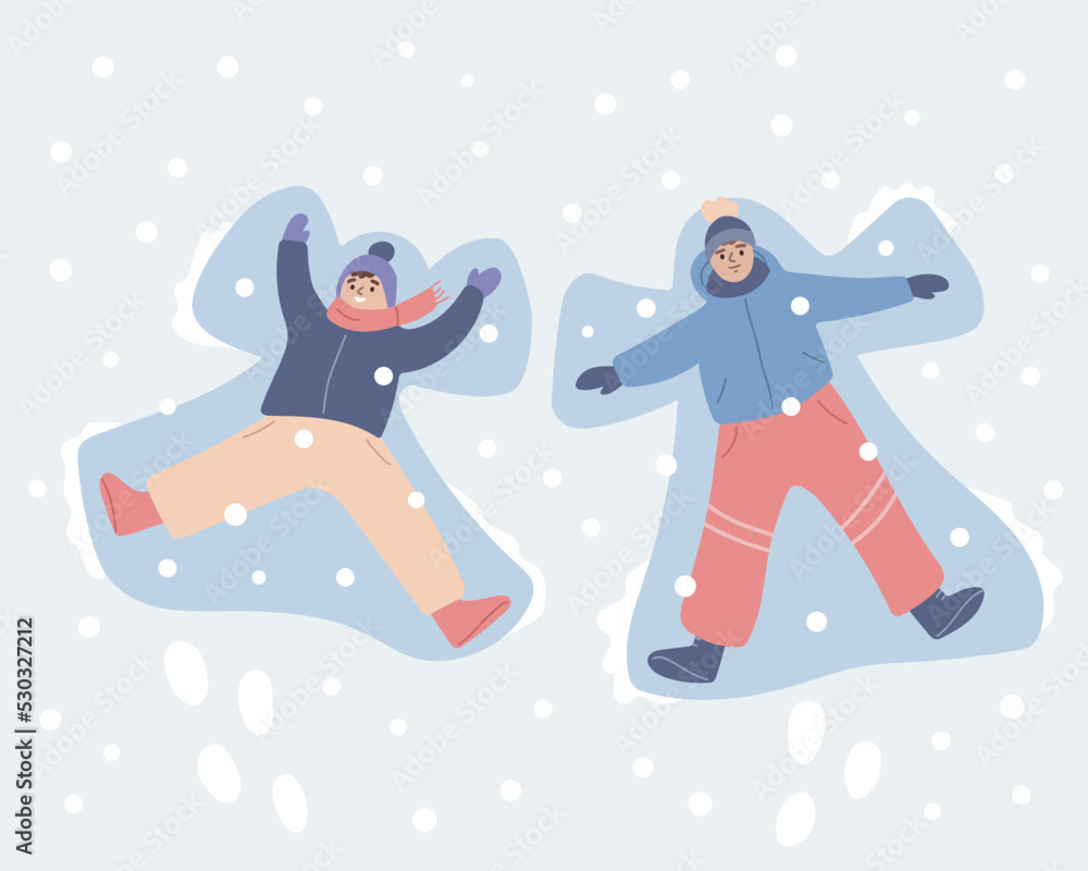 Two kids making snow angels. Winter fun, activity. Friends playing outside. Flat vector illustration.