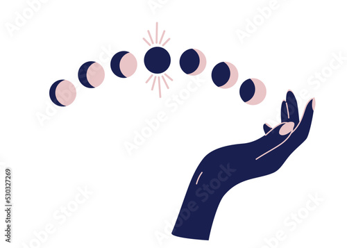 Magic woman hands with moon phases. Alchemy esoteric mystical magic celestial talisman with woman hand. Spiritual occultism object. Hand drawn vector illustrations isolated