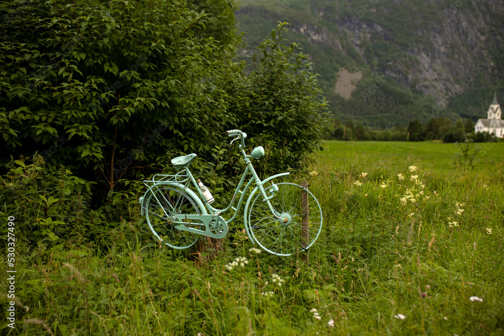Beautiful colorful bikes along the road in Norway, used for decoration