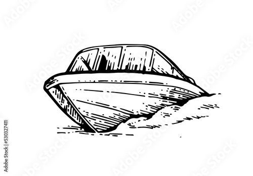 Boat rides on waves. Front view. Small ship sails on sea, lake or river. Plastic composite boat with motor. Hand drawn outline sketch. Isolated on white background. Vector.