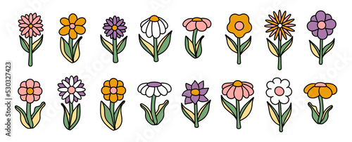 Collection of simple blooming flowers in 1970s psychedelic hippie style. Set of graphic stickers in retro design. groovy background. editable stroke isolated vector illustration