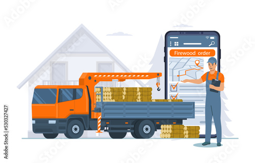 Concept for a service for the sale and delivery of firewood for home heating. Vector illustration.
