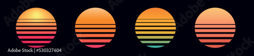 Retro sun 80s. Sun retro set sunset or sunrise element 1980s style. Colourful grunge sunburst. Retrowave sun flat design banner isolated illustration. Vector illustration. © vectorsanta