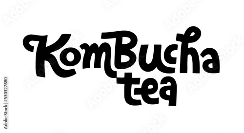 Kombucha vector hand written lettering, original calligraphy. Healthy fermented probiotic tea. Superfood drink. Template sign design for logo, label.