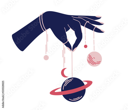 Magic woman hands with moon phases. Alchemy esoteric mystical magic celestial talisman with woman hand. Spiritual occultism object. Hand drawn vector illustrations isolated