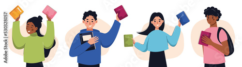 Happy smiling people holding books. Concept of books, education, reading, development. Isolated vector illustration.