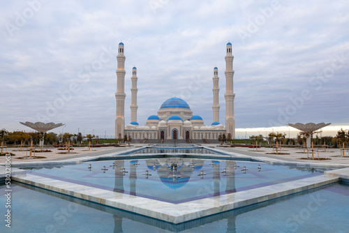 The Grand Mosque is the largest mosque in Central Asia. A sky-blue dome is the the world's largest one of its kind in the world. Nur-Sultan, Kazakhstan.