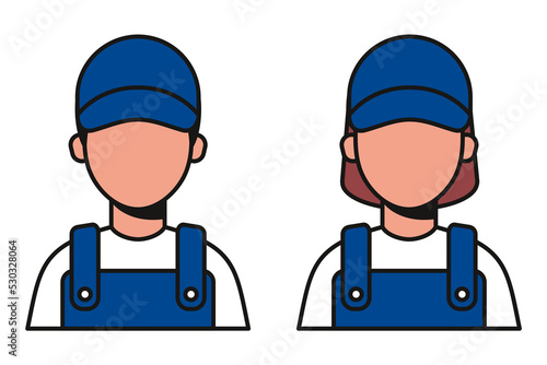 An icon of a female and male repairman. Avatar of mechanic workers in blue uniform and cap.