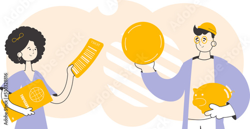 Travel tour team. Trendy linear style. Vector illustration.