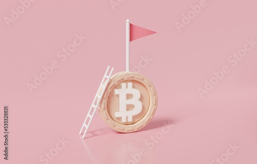 Ladder lean against bitcoin with flag on top, bitcoin or cryptocurrency investment purpose, ambition to success in digital asset concept, 3d render illustration.