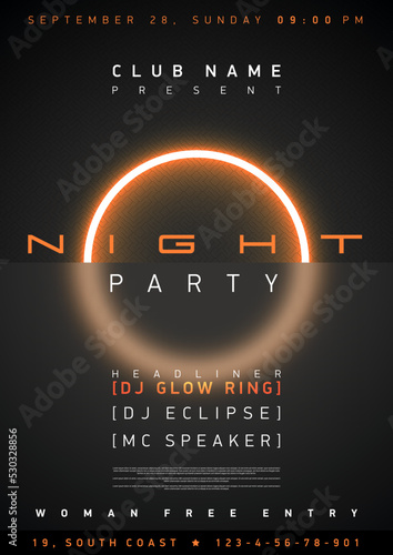 Night club dance party music cover poster design template, glow light ring on black background with blured glass. Circle neon light. Modern banner for concert disco event, festival flyer