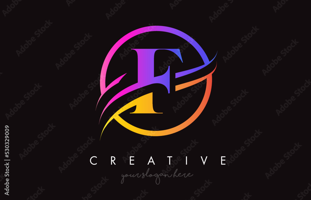 Obraz premium Creative Letter F Logo with Purple Orange Colors and Circle Swoosh Cut Design Vector