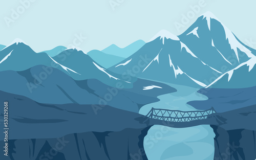 bridge connected two cliffs with snow covered mountains as background