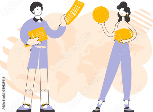 Travel agency. The guy and the girl sell vouchers. Linear style. Vector illustration.