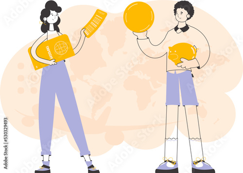 Travel agency. The guy and the girl sell vouchers. Linear style. Vector.