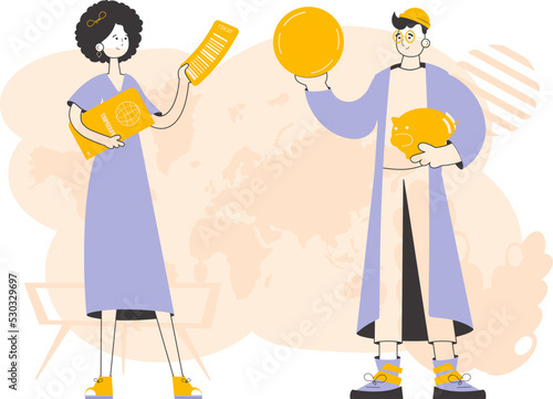Travel agency. The guy and the girl sell vouchers. Trendy linear style. Vector illustration.