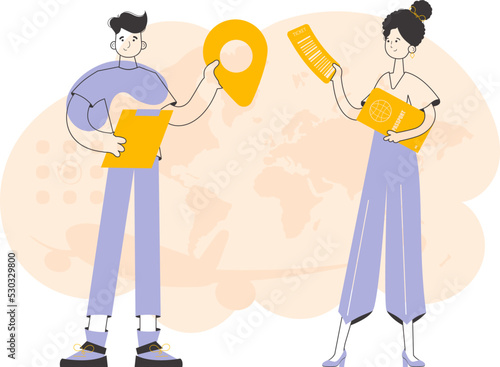 Travel agency. The guy and the girl sell vouchers. Modern linear style. Vector illustration.