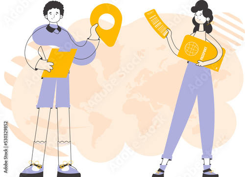 Travel agency. The guy and the girl sell vouchers. Modern linear style. Vector.