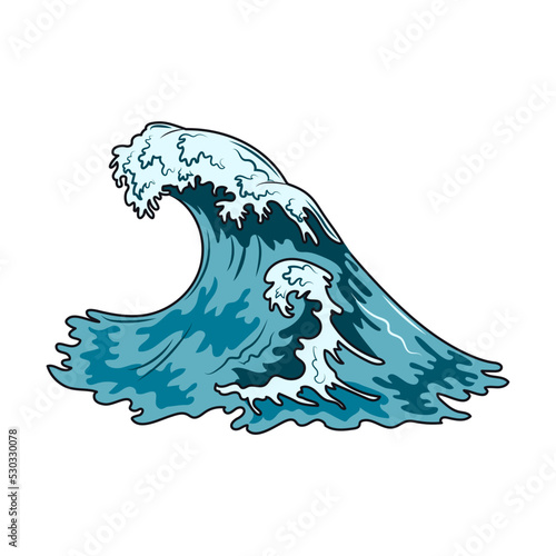 Sea wave. Maritime and nautical element illustration. Vintage design with sea animals, ship, wave, anchor, pipe and bell isolated vector. Marine objects and accessories