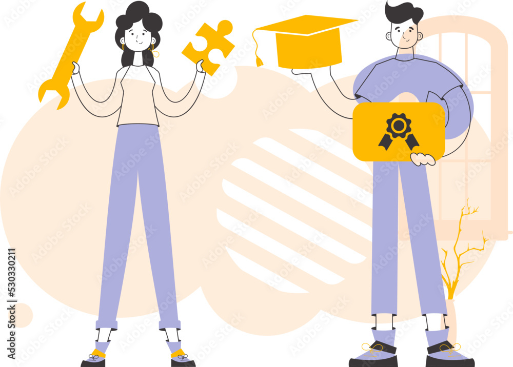 The students received their diploma. Linear style. Vector illustration. The students received their diploma. Linear style. Vector illustration.